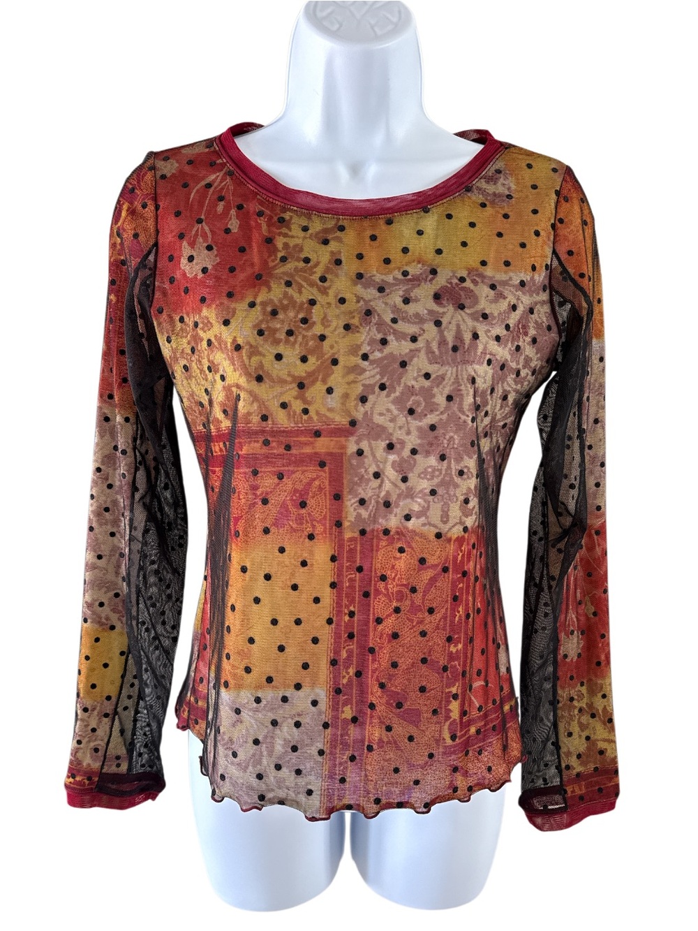 ANAC Designed by Kimi Y2K Sheer Mesh Polka Dot Floral Long Sleeve Top Medium